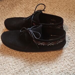 Black Suede Minnetonka Moccasins with Patterned Detail